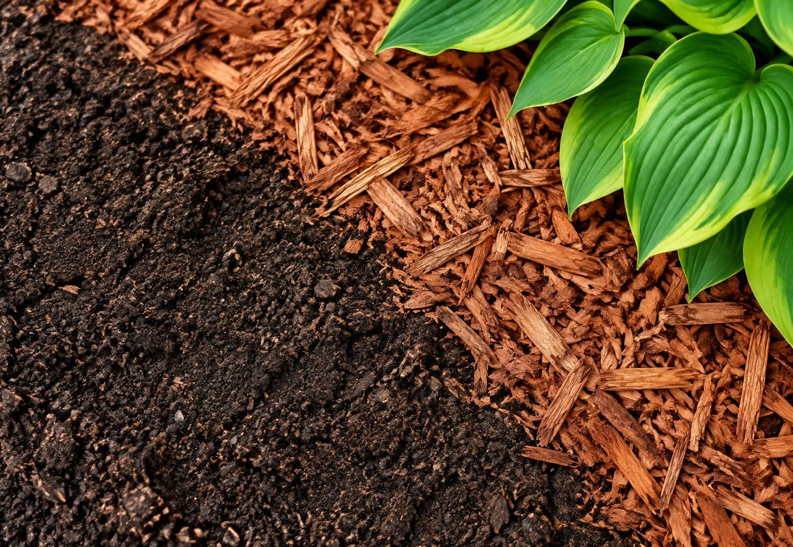 Fresh cedar mulch, rich garden soil, and healthy green hosta leaves